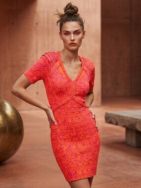Lerouge Orange Pink Geo Print Cold Shoulder Bandage Dress Size Medium NWT
